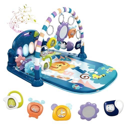 LN COZY CORNER Baby Play Mat Gym, 6-Mode Activity Mat with Kick-Activated Piano & Lights, with 5 Infant Sensory Baby Toys Extra Guardrail, Tummy Time Mat for Newborn Infants 0-12 Months (Blue)