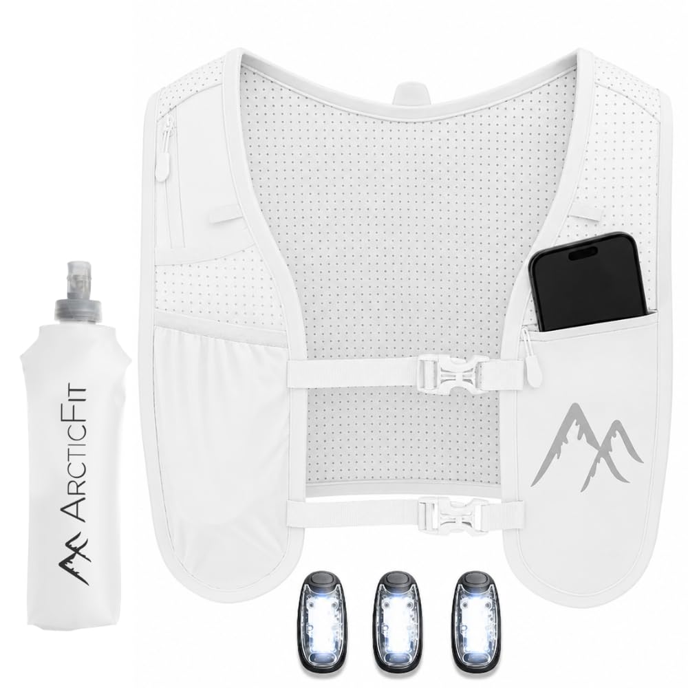 White ArcticFit LED Running Vest - Adjustable Unisex Reflective Vest with Phone Holder and Storage - Lightweight and Durable Running Backpack Alternative - Hydration Vest for Marathon