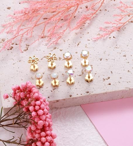 Eqfe 4Pairs Hypoallergenic Screw Back Earrings For Women 14K Gold Surgical Steel Flat Back Earrings Opal Cz Flower Heart Cartilage Earring For Sensitive Skin 20G Handmade Nap Earrings Studs Gold Ab Cz thumb #5