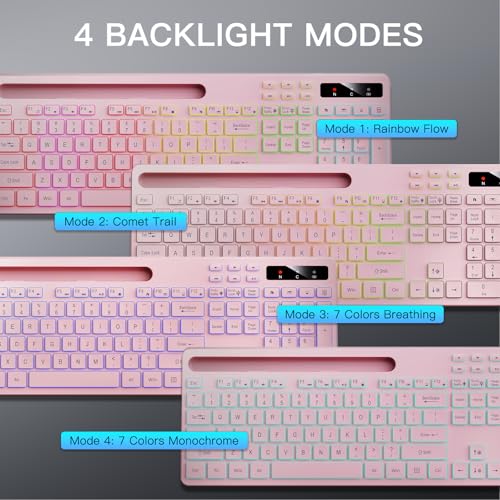 Image of Soueto Wireless Keyboard with 7-Color RGB Backlit, Full-Size Computer Keyboard with Phone Tablet Holder, 2.4G Rechargeable Gaming Keyboard with Light Up Keys, Compatible with Mac, Windows (Pink)