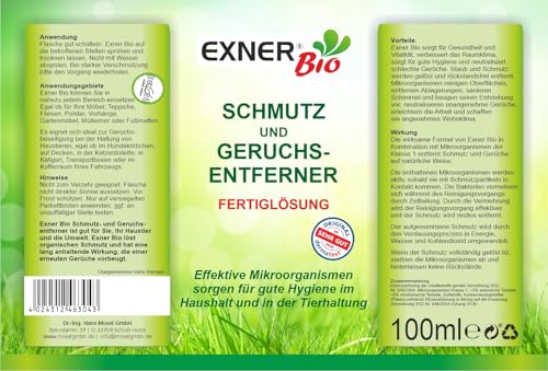 Exner Bio Geruchsentferner & Fleckenentferner - Mit Mikroorganismen gegen Flecken und Gerüche - für Haustiere, Haushalt und Ihr Auto, 100% natürlich & schonend - 100 ml Sprühflasche