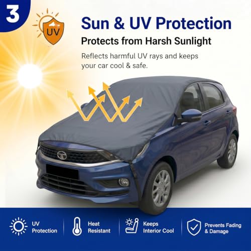 Image of Pivalo Half Car Body Cover for Hatchback Cars (All Models & Years) | 100% Waterproof Outdoor UV & Heat All Weather Protection | Triple Stitched 3 Layer with Adjustable Straps Cover (Grey)