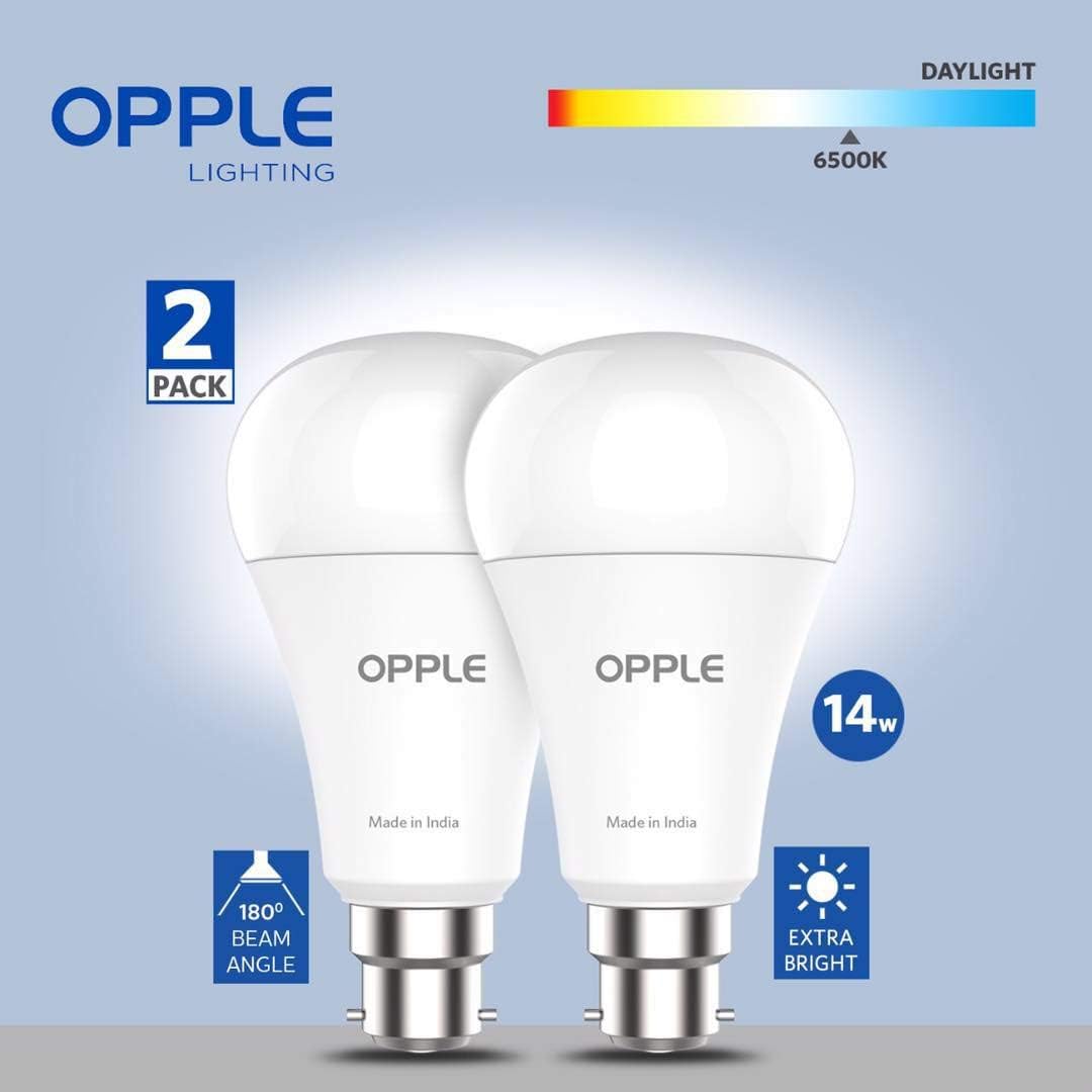 OPPLE LED Light Bulb B22 Base,14W (120-Watt Equivalent)- 1500 Lumen, 6500-Kelvin, Low Energy Consumption and Non-dimmable,Daylight,Life Time 20000 Hours Plus (14W,B22,Cool White, Pack of 2)