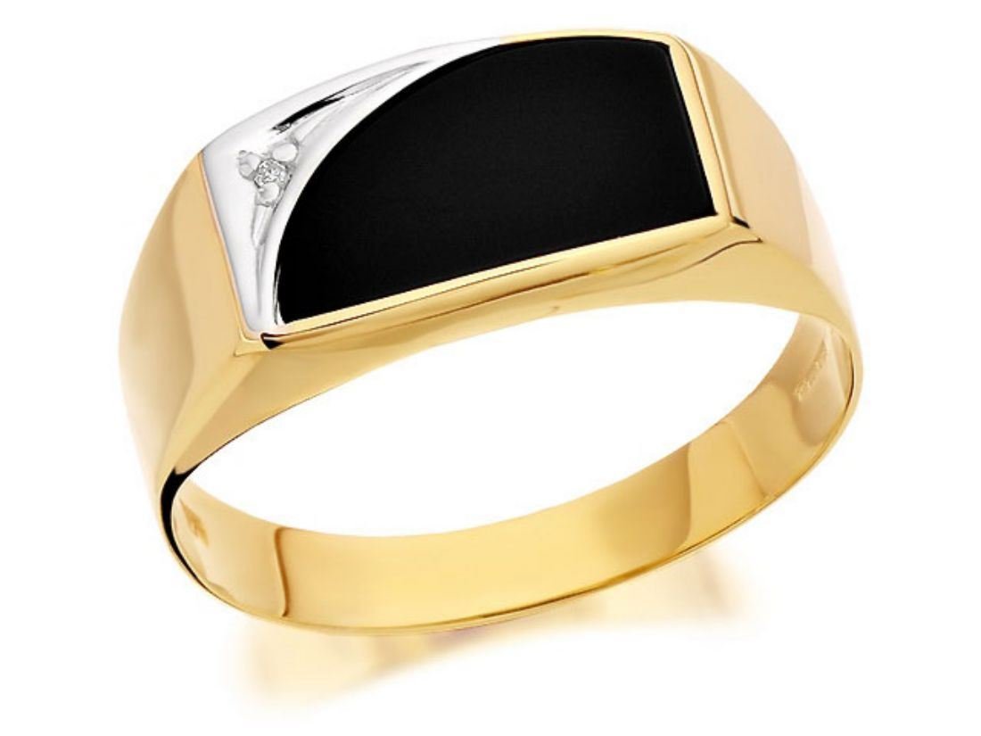 Hinds Mens Jewellery 9ct Yellow Gold Gentleman's Diamond Set Onyx Signet  Ring