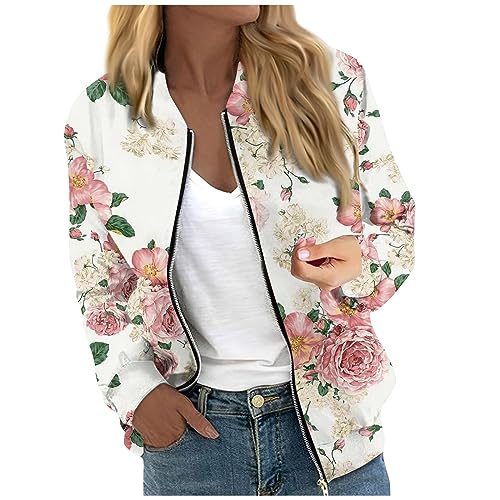 Bomber Jacket Women Vintage Floral Printed Full Zip Up Jackets Fashion Windbreaker Windproof Overcoat Casual Long Sleeve Fall Coats Plus Size Lightweight Outerwear With Pockets (I Pink, Small)