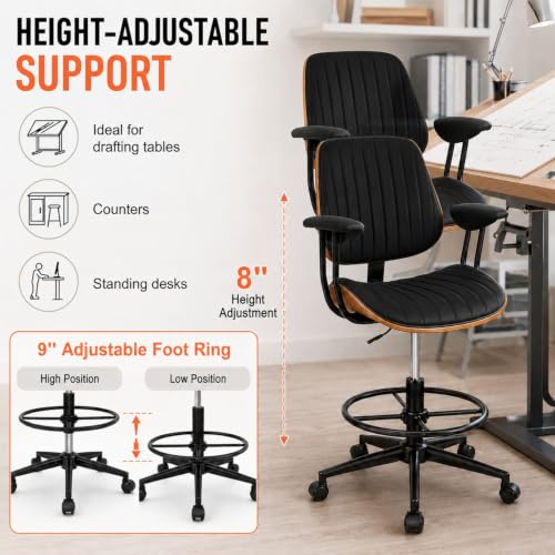 Image of Drafting Chair for Standing Desk, Arms Tall Office Chair with Bentwood Backrest, Adjustable Height, Footrest Ring and Swivel Seat, PU Leather (Black)