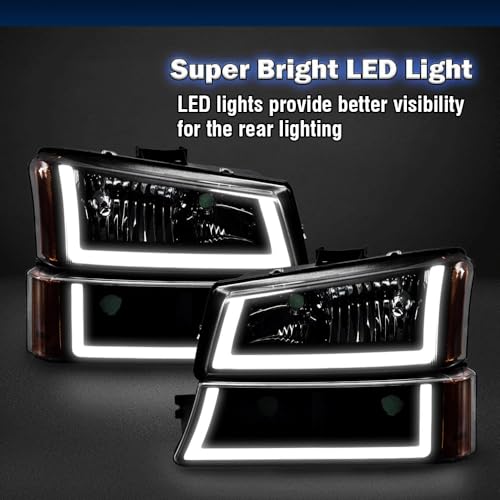 Image of GRAND ORANGE LED Headlight Assembly Compatible with 2003-2006 Chevy Silverado 1500 2500 3500 HD Model, Fit Chevy Avalanche 2003-2006 1500 2500 GM250222, GM2503224 Clear Lens Black Housing Amber Corner