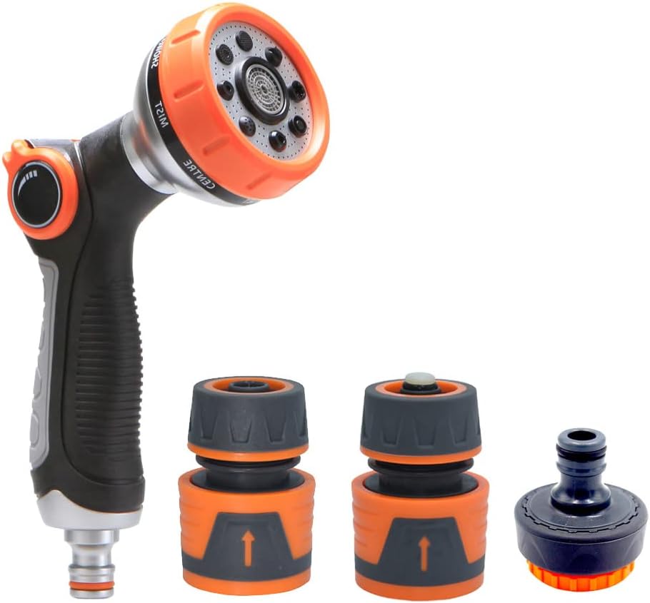 SEIWEI Garden Hose Nozzle Sprayer, Heavy Duty Metal High Pressure Water Gun, 8 Adjustable Watering Patterns Suitable for Watering Plants Washing Cars and Showering Pets