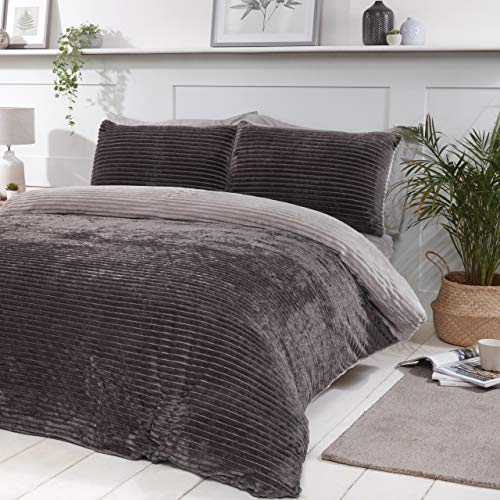 Sleepdown Ribbed Fleece Sparkle Glitter Grey Thermal Warm Cosy Super Soft Duvet Cover Quilt Bedding Set with Pillowcases - Double (200cm x 200cm)