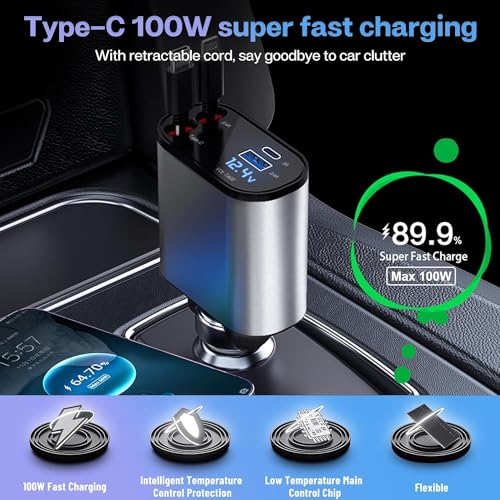 Image of ETH Retractable Car Charger, 120W 4 in 1 Super Fast Charge Car Charger, Type C & USB Charging Ports, Retractable Cables (80Cm) Car Adapter, Compatible iPhones, Ipad, Galaxy, Pixel, Grey