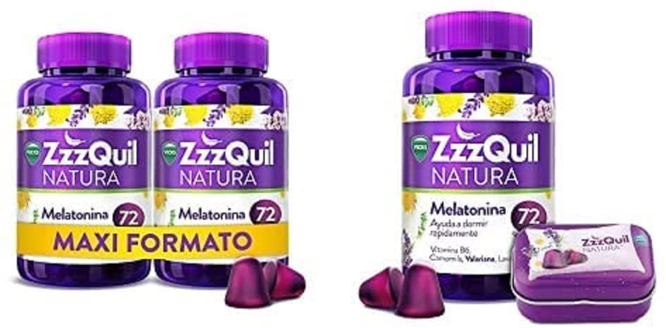 ZzzQuil Natura Pastillas para dormir en formato gominola, a base de melatonina y extractos de lavanda, valeriana y camomila, 72 x3 gominolas + Cajita de viaje