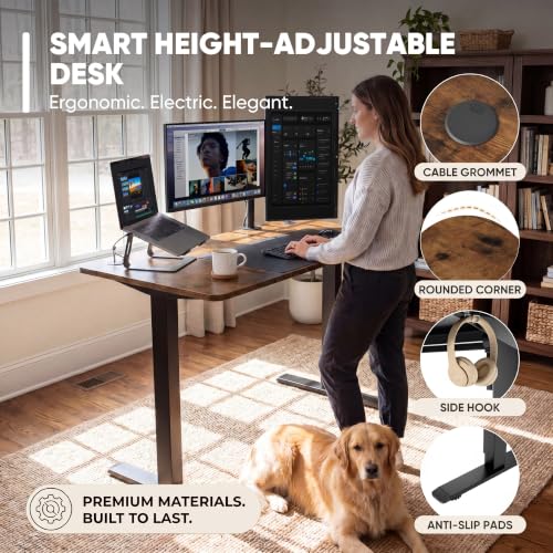 Image of Furmax Electric Height Adjustable Standing Desk Large 48 x 24 Inches Sit Stand up Desk Home Office Computer Desk Memory Preset with T-Shaped Metal Bracke, Brown