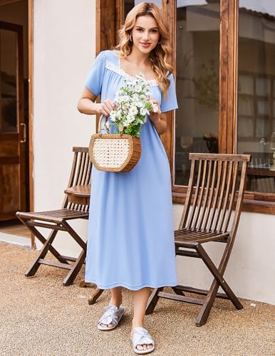 Image of Ekouaer Long Nightgowns for Women Short Sleeve House Dress with Pockets