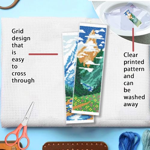 Image of FREEBLOSS 6 Set Cross Stitch Bookmarks Kit Mountains&Rivers Stamped Cross Stitch Kit DIY Embroidery Bookmark Set with Instruction for Adults Beginners Gift for Reading Enthusiasts 8 * 2.4inch 11CT