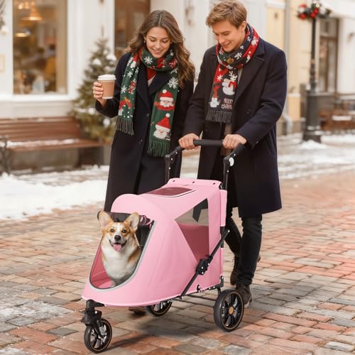 Image of Magshion 3-Wheel Foldable Dog Jogger with Adjustable Handle, Pink | Pet Stroller for Medium Larges, All-Terrain Wheels, Dual Entry, Rear Storage, Breathable Mesh, Up to 55 lbs