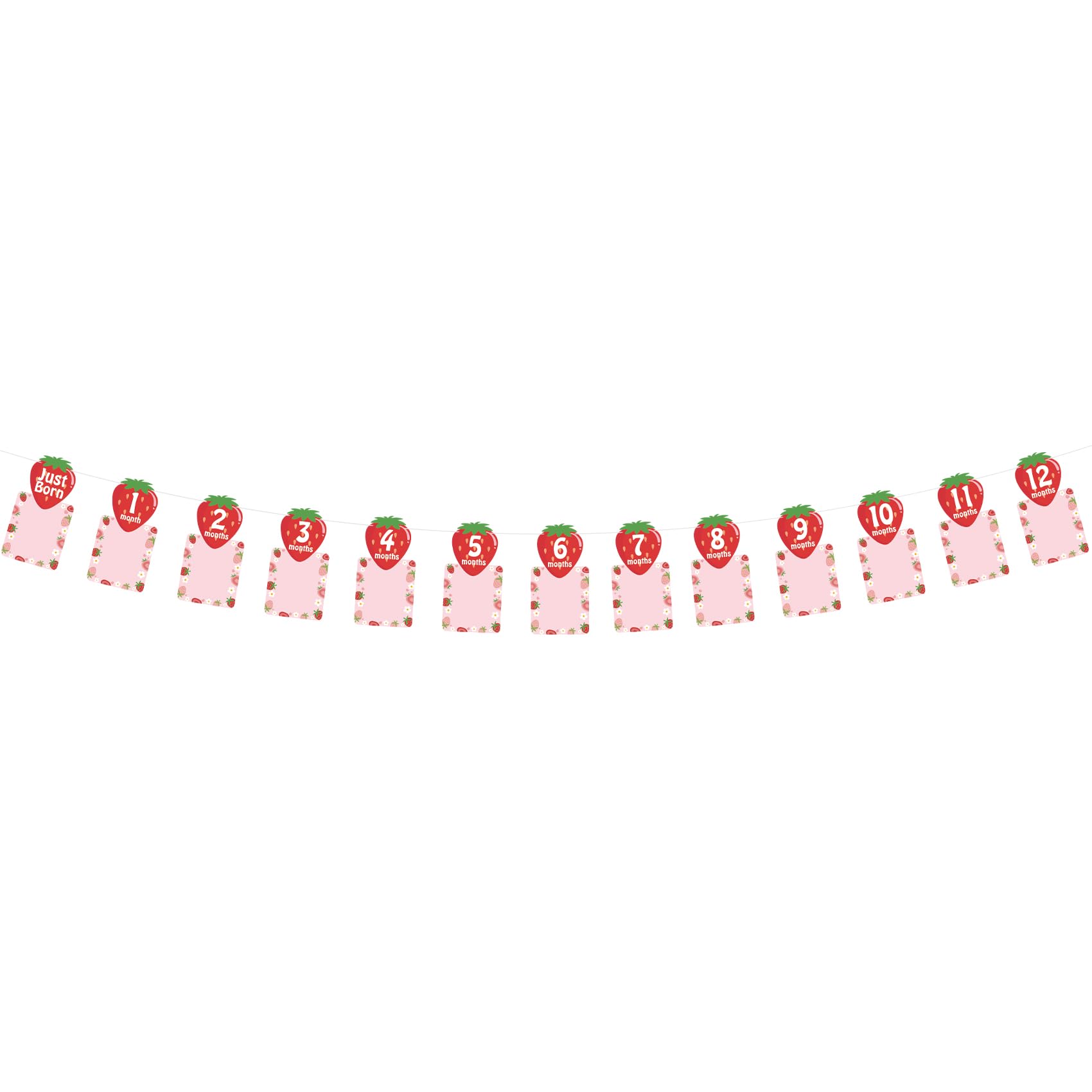 Strawberry Theme 1st Birthday Monthly Photo Banner, Pre-Strung Sweet Berry Girl Milestone Photograph Bunting Garland, Cardstock Pink Floral Baby