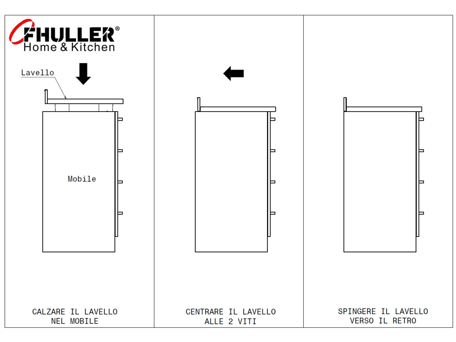 Lavello FHULLER Monostampo Da Appoggio 120X50 In Acciaio Inox AISI 304 Con Due Vasche a DESTRA e Gocciolatoio a SINISTRA Per Sottolavello da 120 Cucina Componibile Modello Pisa PI1202MLPC
