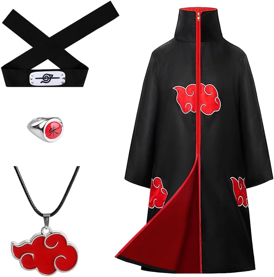 Akatsuki Dress Costume for Kids, Itachi Uchiha Anime Cosplay Costume Set of 4Pcs, Akatsuki Cloak Set Halloween Party Costume for Kids Boys Girls (XXS, for Height 125-135cm)