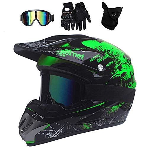 AMITD Motorrad Crosshelm Schwarz Grün Motocross Helm Set mit Brille (4...