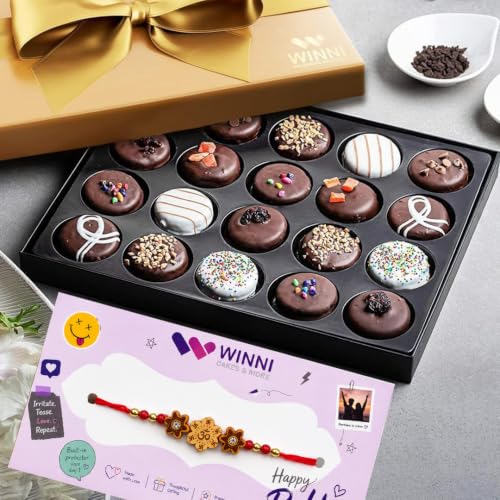 Image of WINNI - Delight 24 Pcs Chocolate Cookies + Rakhi Pack | Rakhi Gift For Brother & Sister | Celebration Chocolate Cookies Gift Hamper | Rakhi Gift For Kids, Girls, Boys, Brother, Sister, Bhaiya, Bhabhi | Rakhi Gift Set | Dark Chocolate Pack | Imported Choco Cookies Gift Bouquet | Luxury Return Gift