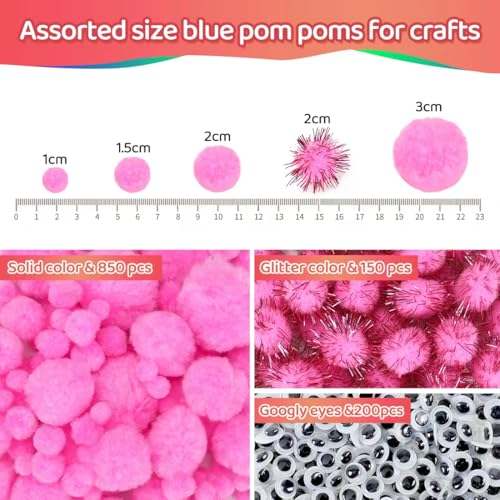Image of IOOLEEM Light Pink Pom Poms - Assorted Size, 1200pcs with Wiggle Eyes, Glitter Options, Perfect for Arts & Crafts
