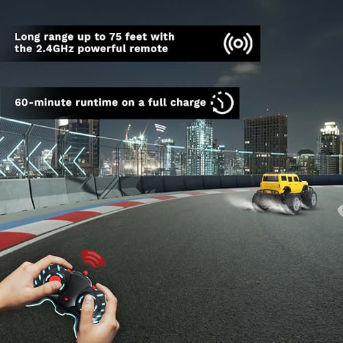 Image of Popsugar Off Roader Rechargeable Remote Control Monster Truck with 2 Speeds and 4 Headlight Modes | Lithium Battery | C-Type Charging | Remote Control Car for Kids | Made in India, Yellow