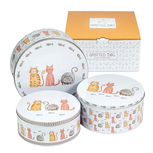 SPOTTED DOG GIFT COMPANY Juego de 3 Latas Almacenamiento para Tartas Redondas, Cajas para Galletas y Pasteles de Metal, Apilables Herméticos, Pequeño 20x9cm, Mediano 22x10cm, Grande 25x11cm - Gatos