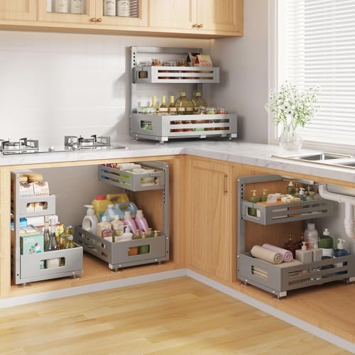 Image of 2 Pack Under Sink Organizer,Pull Out Cabinet Organizer With Smooth Cylindrical Rail,Metal Slide Out Drawer for Kitchen Bathroom Laundry Cabinet,8-Level Tool Free Height Adjustable-Gun Gray