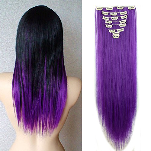 Clip in Hair Extensions Synthetic Full Head Colored Party Highlight Hairpieces Thick Long Straight Soft Silky 8pcs 18clips for Women Fashion and Beauty 26'' / 26 inch (dark purple)
