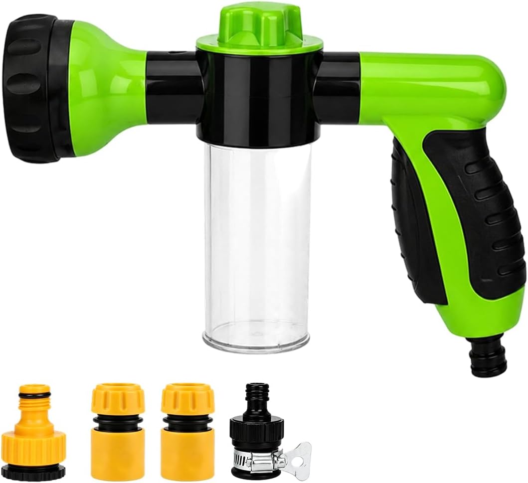 Car Wash Foam Gun, High Pressure Vehicle Hose Nozzle Wash Sprayer with 8 Adjustable Watering Patterns, Automotive Detailing Cleaning Foam Gun, Universal Fit (Green)
