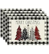 Artoid Mode Waterclor Buffalo Plaid Christmas Trees Placemats Set of 4, 12x18 Inch Winter Table M...