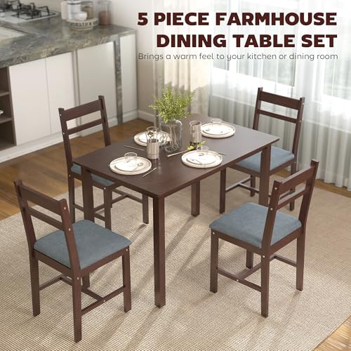 HOMCOM 5-Piece Solid Wood Dining Table Set for 4, Farmhouse Kitchen Table with Upholstered Chairs for Small Space, Dining Room, Breakfast Nook, Walnut and Gray - Image 4