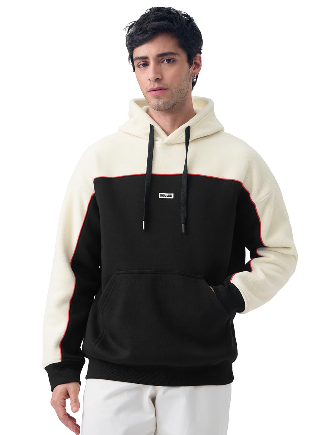 the souled store Caviar Men and Boys Full Sleeves Hooded Neck Black and Cream Colour-Block Cotton Blend Premium Polar Fleece Oversized Pullover Hoodie-picture-47