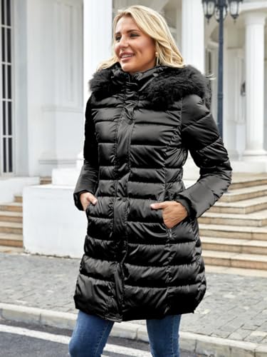 Women's Long Winter Coat Puffer Warm Down Jacket with Detachable Hood Removable Faux Fur Trim Thickened Jacket2