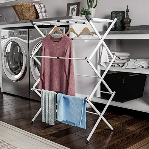 Lavish Home Clothes Drying Rack â€“ 3 Tiered Expandable Free Standing Laundry Sorter with Rust Resistant Metal Frame for Folding and Hanging Garments, White