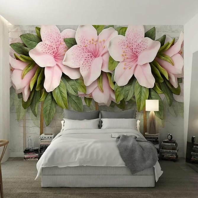 Papier peint haut de gamme fleurs roses et feuilles vertes 3D