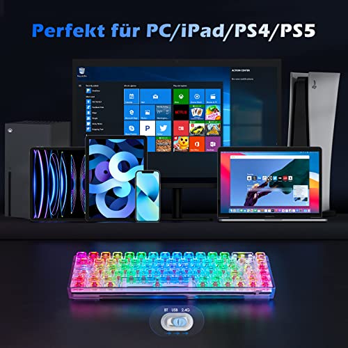 TECURS Mechanische Tastatur, RGB Gaming Tastatur Kabellos mit transparenter PC-Tastenkappe, 65% TKL Tastatur QWERTZ (Deutsch Layout) mit Rote Schalter für PC/MAC/iPad/Laptop/Xbox One – Bild 5