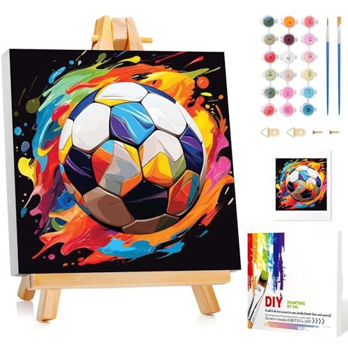 Miquans Art Malen Nach Zahlen Kinder mit Holzrahmen, Fußball Malen Nach Zahlen ab 5 6 7 8 9 10 Jahre Mädchen und Junge, Paint by Numbers für Geschenke und Wand Dekoration 20x20 cm