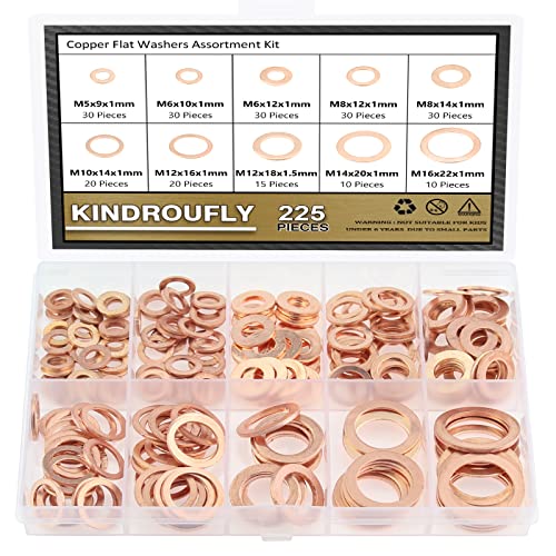 225 Pieces Copper Metric Flat Washers, Sealing Washers, Kindroufly 10 Sizes Copper Washers, Metal Washers Assortment Kit (M5 M6 M8 M10 M12 M14 M16) #TOP7