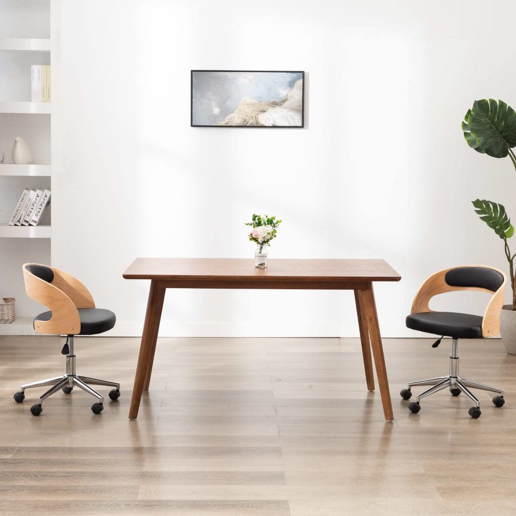 Krzesło do jadalni obrotowe, czarne, z ramą z drewna łukowego i obiciem ze sztucznej skóry, ergonomiczne oparcie, kółka z tworzywa sztucznego, 48 x 53 x 66,5 – 74,5 cm, łatwe w pielęgnacji