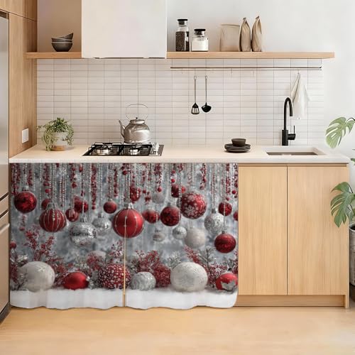 Image of Self Adhesive Red & Silver Bauble Cabinet Curtain for Mother's Day, 39x28 Inch Sparkling Ornaments Under Sink Skirt No Drill, Spring Cleaning Kitchen Decor, Hook and Loop Valance