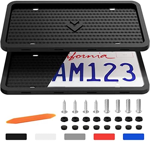 Aujen Silicone License Plate Frames 2 PCS for US Standard Car, Totally Street Legal Cover, Rattle-Proof and Easy Installation Holder (Black)…