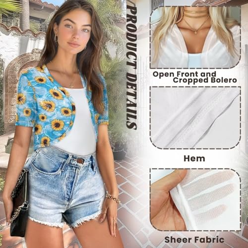 Image of Womens Short Sleeve Cardigans Lightweight Summer Cardigan Trendy Bolero Shrug Cute Floral Cardigan Sheer Bolero