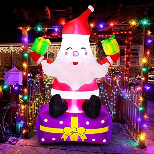 Christmas Inflatables - 6Ft Christmas Outdoor Decorations-Inflatable Santa Claus with Gift Boxes,Blow Up Yard Decor-Built-in LED Lights with Tethers-Stakes for The Yard, Lawn, Garden