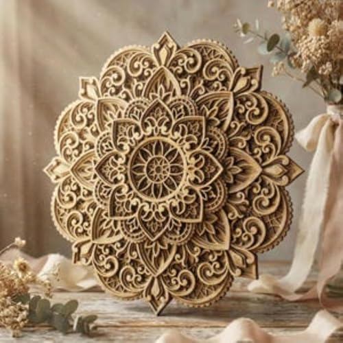Image of American Elm Wooden Mandala Wall Art 8 Inch Round Living Room Decor 8-Layer Multilayer MDF Design Ready-to-Hang Wall Hanging Home Wall Art