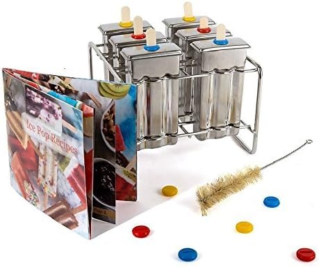 Bapon Organix- Stainless Steel Popsicle Molds and Rack - 6 Ice Pop Makers With 12 Reusable Bamboo Sticks and Silicone Seals - Bonus Cleaning Brush and Recipe Book