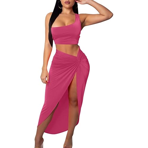 BEAGIMEG Women's Sexy One Shoulder Long Bodycon Slit Skirt 2 Pieces Dress