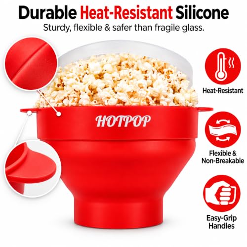The Orginal HotPop Silicone Popcorn Maker - Microwave Popcorn Popper with Handles - Collapsible Bowl, Heat-Resistant, Easy to Clean, Ideal for Family Movie Nights, 15-Cup Capacity - Red