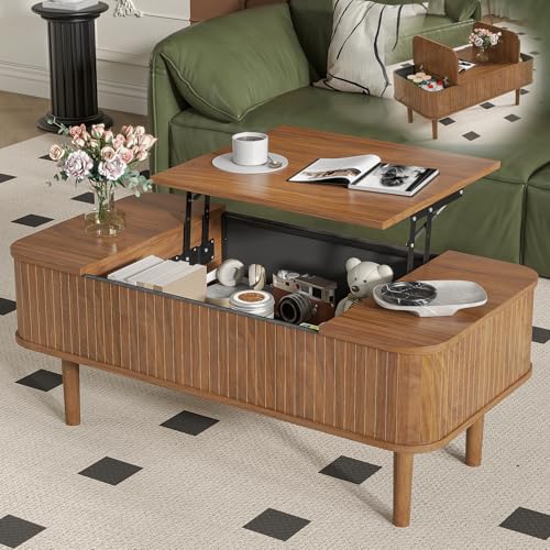 Image of Fluted Lift Top Coffee Table with Storage, Mid Century Modern Coffee Table for Living Room, Home Small Space,39.4 inch Fluted Center Table (Rectangle-Walnut, 39.4inch)