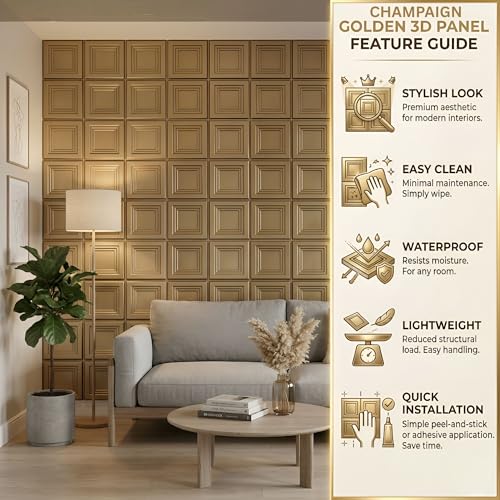 Image of Kayra Decor 3D Wall Panels | PVC Wall Tiles | Square Box Design | Champagne Gold | Pack of 12 (32.28 Sq. Ft.)